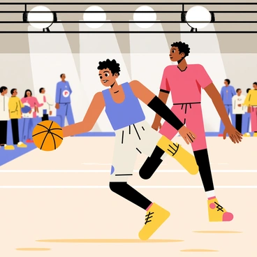 A basketball player wearing a blue jersey and white shorts is skillfully dribbling a bright orange basketball down a wooden court. The player's focused expression shows determination as they maneuver past an opponent in a red jersey. Spectators in the background are visible, with some standing and others seated, watching the game intently. Bright overhead lights illuminate the scene, adding to the excitement of the game.