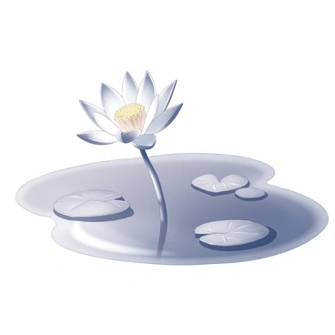 A "lotus flower" is gently floating on the surface of a "pond". The flower has delicate petals that are slightly open, revealing a central cluster of yellow stamens. The pond's surface is smooth and reflective, displaying the shape of the flower above it. The water around the lotus is still, with a few scattered lily pads nearby. The scene conveys a sense of tranquility through the simplicity of the composition.