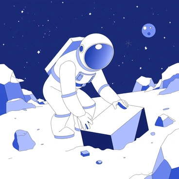 An astronaut discovering a black box on a distant planet surface under a starry sky