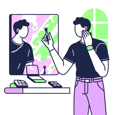 A man with short dark hair is standing in front of a mirror, applying a touch of makeup. He is wearing a fitted black t-shirt and accessories that highlight his personal style. In his right hand, he holds a brush, while his left hand gently touches his cheek. The makeup palette is open on the counter, showcasing an array of colors. The mirror reflects his focused expression, and colorful light filters in from a nearby window, adding to the vibrant atmosphere.