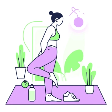 A woman is performing pelvic tilts on a yoga mat in a calm indoor setting. She is wearing comfortable athletic clothing, and her hair is pulled back into a ponytail. Her back is flat against the mat as she gently tilts her pelvis upward, creating a slight curve in her lower back. The focus is on her body posture, with her legs bent and feet flat on the mat. In the background, there are potted plants and a softly glowing lamp, adding to the atmosphere of relaxation. A small water bottle sits next to her mat, emphasizing the theme of a gentle exercise routine.