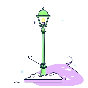 An old-fashioned streetlamp covered in frost, casting a warm glow on a snowy sidewalk