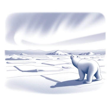 A vast arctic tundra stretches across the image, featuring patches of snow covering the ground. In the foreground, a polar bear stands on all fours, looking alert with its head raised. The bear's white fur contrasts against the snowy landscape. In the background, the sky is illuminated by a distant aurora borealis, creating an intricate display of light that arcs across the horizon. The overall scene captures the cold, rugged beauty of the arctic environment.