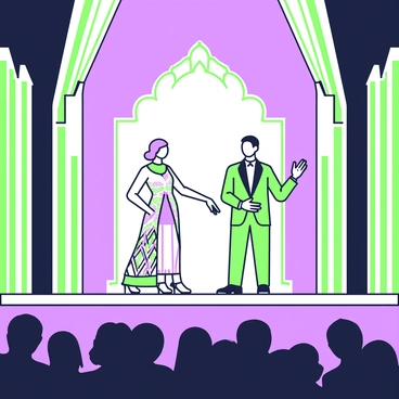 A theatrical scene takes place on a stage with vibrant lighting. In the center, two actors perform, wearing intricate costumes influenced by art deco design. The first actor is adorned in a shimmering dress with geometric patterns and fringe, while the second actor wears a tailored suit with sharp angles and bold lines. Around them, the stage is decorated with tall, stylized props resembling skyscrapers, and a large, ornate backdrop adds depth to the scene. The audience is dimly visible, engaged in the performance.