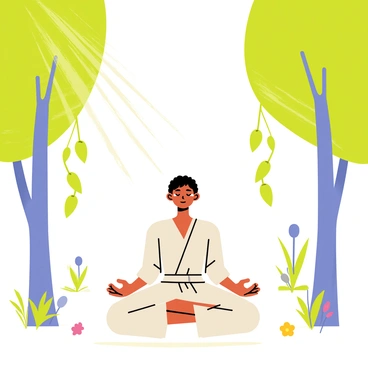 A tranquil figure sitting cross-legged, with a calm expression on their face, meditating in the center of a forest clearing. The figure is dressed in flowing robes and has their hands resting on their knees. Surrounding the figure are tall green trees with vibrant leaves and patches of colorful wildflowers scattered on the ground. Soft beams of sunlight filter through the canopy, creating dappled light patterns on the ground around the figure. A gentle breeze moves the leaves, adding a sense of peacefulness to the scene.