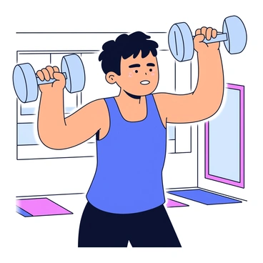 A person with short black hair is performing a dumbbell shoulder press exercise. They are wearing a fitted blue tank top and black workout shorts. The individual has a focused expression on their face, showing determination as they lift two dumbbells overhead. Their arms are slightly bent at the elbows, and beads of sweat are visible on their forehead. The background features a simple gym setting with a few exercise mats and a mirror reflecting the scene.