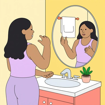 A woman with medium skin tone and shoulder-length dark hair stands in a bright bathroom. She is wearing a light purple tank top and has a thoughtful expression on her face. Her right hand is raised, and she is gently examining her breast while looking intently at her reflection in the large, round bathroom mirror. The mirror reflects the colorful bathroom decor, including a small potted plant on the sink and a fluffy white towel hanging nearby. The lighting is soft and warm, creating a welcoming atmosphere in the bathroom.