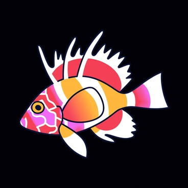 A lionfish with elongated fins and intricate patterns, displaying vibrant shades of red, orange, and white. The fish is positioned slightly angled to the viewer, emphasizing its unique dorsal spines. The background is a deep black, allowing the colors of the lionfish to stand out prominently.