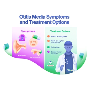An infographic displaying the title "Otitis Media Symptoms and Treatment Options" prominently at the top in bold letters. Below the title, there are two main sections: one for symptoms and one for treatment options. In the symptoms section, there are clear icons representing each symptom, such as an ear with sound waves, a thermometer for fever, and a child's face showing discomfort. Each icon is accompanied by brief, straightforward text listing symptoms like "ear pain," "hearing loss," and "fever." In the treatment options section, there are icons symbolizing different treatments, such as a bottle of medication, a warm compress, and a doctor's silhouette with a stethoscope. Each treatment is paired with concise text describing options like "antibiotics," "pain relievers," and "consult a healthcare provider." The overall design features a pastel color palette to enhance readability and visual appeal.