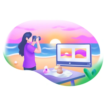 A modern pastel illustration featuring a photographer standing on a beach, focused on capturing a "breathtaking sunset" with a camera. The sky is filled with vibrant hues of orange, pink, and purple as the sun dips below the horizon. To the right, there is a table with an open "photo album" displaying images of previous sunsets. The scene is completed with gentle waves lapping at the shore and a few scattered seashells around the table.