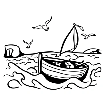 An old wooden boat with weathered boards is navigating through a rolling sea, with waves cresting and crashing around it. The boat is tilted slightly to one side, its sail billowing in the wind. Gulls are flying overhead, some diving toward the water. In the background, a distant coastline is outlined against the horizon. The sea is filled with dynamic swells and white foam, emphasizing the adventurous nature of the scene.