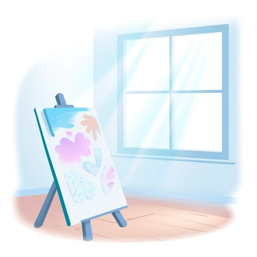 Sunlight is streaming through a large window, illuminating a spacious room. The rays of light create distinct shadows across a wooden floor. On a 1/4 board positioned near the window, there are various pieces of artwork displayed. The artworks include vibrant paintings and intricate sketches, all showcasing different colors and designs. The interplay of light and shadow emphasizes the textures of the artwork and the surface of the board. In the background, the window frame is visible, with gentle edges defined by the bright sunlight.