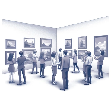 An art exhibit opening featuring various guests standing and interacting in a spacious gallery. The walls are adorned with numerous paintings of various shapes and sizes. Some guests are examining the artwork closely, while others are discussing it in small groups. The atmosphere is filled with excitement and curiosity as people gesture toward the paintings and engage in conversation. The lighting within the gallery highlights the textures and details of the artwork.
