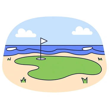 A golf hole is positioned near the edge of a sandy beach. The green is smooth and well-maintained, with a white flag marking the hole. Surrounding the hole are patches of short grass, blending into the fine sand of the beach. In the background, ocean waves gently crash against the shore, creating a rhythmic motion. The sky above is clear with a few scattered clouds, adding to the serene atmosphere of the scene.