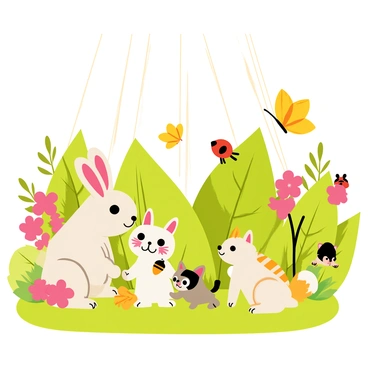 A vibrant garden filled with colorful flowers and lush green grass. Various cute animals are gathered together, including a fluffy bunny with long ears sitting beside a small, cheerful squirrel holding an acorn. Nearby, a playful kitten with orange stripes is chasing a bright yellow butterfly fluttering around. A ladybug is crawling on a large green leaf, while a tiny hedgehog peeks out from a bush covered in pink blossoms. The scene is lively, with sunshine streaming down, creating a warm atmosphere for this delightful gathering.