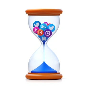 An hourglass with a transparent glass exterior. The upper chamber is filled with tiny "social media icons" in various colors, including logos for popular platforms like Facebook, Twitter, Instagram, and TikTok. The bottom chamber is empty, waiting to catch the icons as they flow through the narrow neck of the hourglass. The hourglass stands on a polished wooden base, reflecting soft light, emphasizing the intricate details of both the glass and the icons.