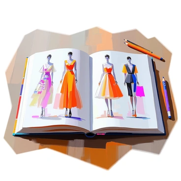 An open fashion illustration book lies on a rustic wooden table, displaying a variety of elegant clothing designs. The pages of the book are filled with colorful sketches of dresses, suits, and accessories, each design showing intricate details and patterns. The wooden table has a rich texture, complementing the vibrancy of the designs, and there are a few scattered colored pencils alongside the book, adding to the creative atmosphere.