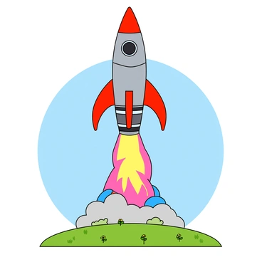 A sleek rocket ship in metallic silver and bright red is soaring upward, its nose pointed confidently towards the sky. The rocket is detailed with bold stripes and a small flag on its body. As it launches, it leaves behind a vibrant trail of colorful smoke in shades of pink, blue, and yellow that swirls and billows dramatically against a clear blue sky. The smoke forms playful shapes as it disperses, capturing the energy of the launch. Below, green fields can be seen, dotted with small, cartoon-like trees and flowers, emphasizing the contrast between Earth and the adventure above.