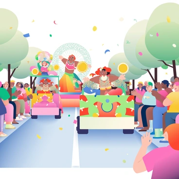 A vibrant parade is taking place along a bustling street. Colorful floats adorned with bright decorations are rolling by, showcasing various themes. Dancers wearing elaborate costumes are performing energetically on the floats, with feathers and sequins shimmering in the sunlight. The crowd, consisting of people of diverse backgrounds and ages, is gathered on both sides of the street, smiling and waving. Children are holding balloons and candy, while some adults take photos with their smartphones. The atmosphere is filled with excitement and joy, as confetti is falling gently from above.