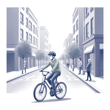A person riding a bicycle through a city street, portrayed in fine-line illustration.