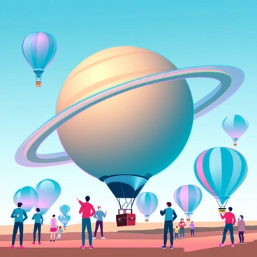 A vibrant hot air balloon festival taking place in an open field under a clear blue sky. Among the colorful balloons, one balloon stands out, designed to look like "Saturn" with its iconic rings. The balloon is large and spherical, decorated in shades of gold and gray, reflecting the planet's surface. Surrounding the Saturn balloon, other balloons are in various shapes and colors, creating a festive atmosphere. People of all ages are gathered below, pointing and taking pictures, while some balloons begin to ascend, filling the sky with color.