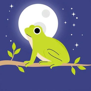 A green tree frog sitting on a slender branch, illuminated by soft moonlight. The frog has large, prominent eyes and textured skin, showcasing its vibrant color. The night sky behind is filled with twinkling stars, creating a serene backdrop. The branch is adorned with small, green leaves, adding to the natural environment. The overall scene captures the peacefulness of a quiet night in the wild.