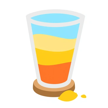 A clear shot glass filled with multiple layers of colored sand, each layer displaying a different hue that forms a gradient reminiscent of a desert landscape. The bottom layer is a deep orange, representing the desert floor, followed by lighter shades of yellow and beige, mimicking the shifting sands. The top layer is a soft sky blue, suggesting a clear sky above the desert. The shot glass stands on a simple wooden table with a few grains of sand scattered around the base, enhancing the desert theme.