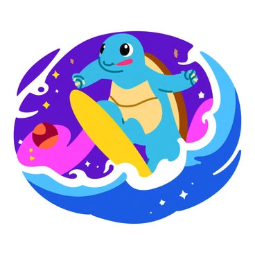 A large blue Blastoise with distinct shell and cannons is surfing on a vibrant cosmic wave. The wave is a swirl of bright colors including purples, pinks, and blues, reflecting the richness of a galaxy. The background features various celestial elements such as sparkling stars, swirling nebulas, and distant planets. Blastoise has an excited expression, balancing expertly on his surfboard as water droplets splash around him. The overall scene is dynamic and full of energy, capturing the thrill of surfing in space.