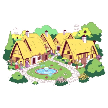 A yellow quaint village from a fairy tale features charming cottages with thatched roofs that slope gently. The houses line cobblestone streets that wind through the village, creating a picturesque pathway. Lush green gardens filled with colorful flowers surround each cottage. In the center of the village, there is a small blue fountain with water gently flowing. A few villagers, dressed in traditional attire, stroll along the streets, adding life to the scene. The sky above is a soft hue, enhancing the enchanting atmosphere of the fairy tale village.
