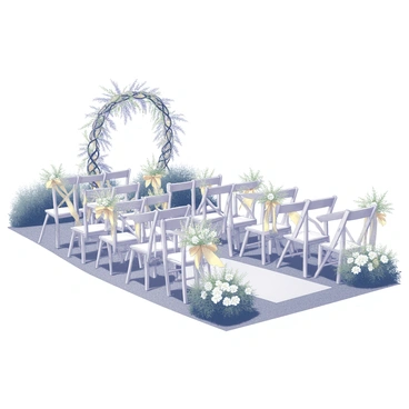 A garden wedding seating area is set up with rows of white folding chairs aligned neatly on the grass. Each chair is adorned with delicate floral arrangements, featuring an assortment of white and yellow blooms tied with soft ribbons. In the background, lush greenery surrounds the area, enhancing the ambiance. A decorative arch filled with intertwined flowers stands at the front, framing the space where the ceremony will take place. A well-manicured pathway leads to the seating area, inviting guests to take their places amidst the elegant decorations.