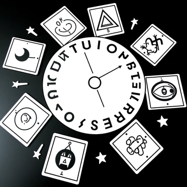 A Ouija board, featuring a planchette with an arrow pointing towards "YES," is placed at the center. Surrounding the board are several tarot cards, displaying images of "The Fool," "The Star," and "Death," each clearly visible and distinct. Various mystical symbols, including a pentagram, crescent moon, and eye, are scattered around the arrangement. The surface beneath is smooth and dark, contrasting with the light-colored board and cards. The overall composition creates a focused scene around the theme of divination.