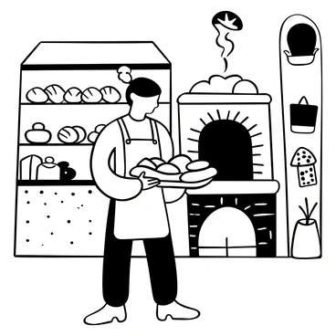 A baker wearing an apron is holding a tray filled with various types of freshly baked bread. The bakery features wooden shelves lined with loaves of bread and pastries. A brick oven is visible in the background, with steam rising from it. The walls are adorned with small chalkboards displaying the day's specials. There are flour bags stacked in one corner and a window letting in warm light, casting soft shadows across the scene.