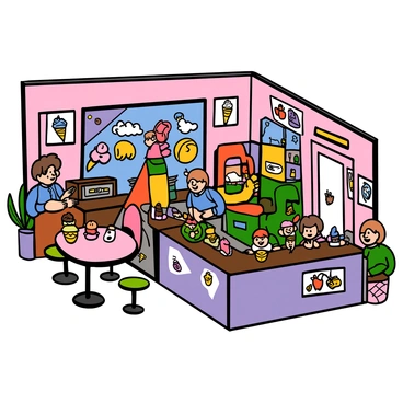 An ice cream shop with colorful walls and a large window displaying various ice cream flavors. Inside, there are tables and chairs for customers to sit and enjoy their treats. In one corner, there is a vibrant indoor playground with slides, climbing structures, and soft play areas designed for children. Kids are playing happily in the playground while parents sit nearby, enjoying their ice cream cones. The shop is decorated with cheerful posters of ice cream sundaes and cones, adding to the fun atmosphere. A counter displays a variety of ice cream toppings and sweets.