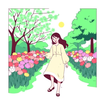 Ichinose is strolling along a pathway surrounded by an abundance of blooming flowers. The bright colors of the flowers contrast beautifully with the lush green grass. Ichinose is wearing a light, flowing outfit suitable for a warm spring day, and has a content smile on their face. The sun casts a warm glow over the scene, highlighting the delicate petals of the flowers. In the background, trees with fresh green leaves frame the pathway, creating a serene atmosphere.