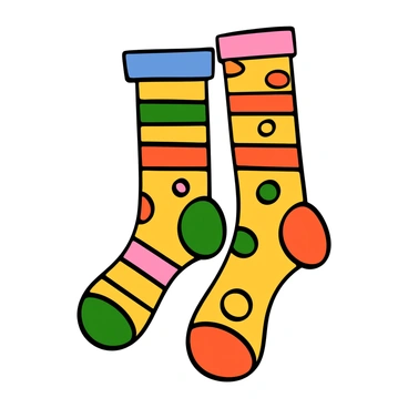A pair of socks designed with bold, vibrant colors. The socks are covered in thick and thin bright stripes that run vertically, interspersed with large polka dots of various colors scattered across the fabric. The background color of the socks is a lively shade, enhancing the contrast of the stripes and polka dots. The toe and heel areas are a solid color, complementing the overall design. The socks are displayed sitting upright to emphasize their playful pattern.