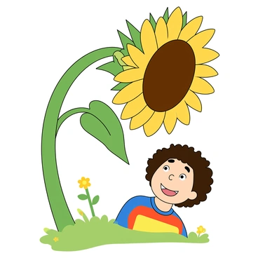 A large sunflower with bright yellow petals and a prominent dark brown center leans down, its stem arching gracefully. The sunflower's petals are vibrant and slightly curved, showcasing their texture. Below the flower, a smiling child with light skin and curly hair, wearing a colorful t-shirt, gazes up at the sunflower with wide, cheerful eyes. The child's face is illuminated by sunlight, highlighting their joyful expression. The scene is set in a garden with green grass and a few scattered flowers in the background.