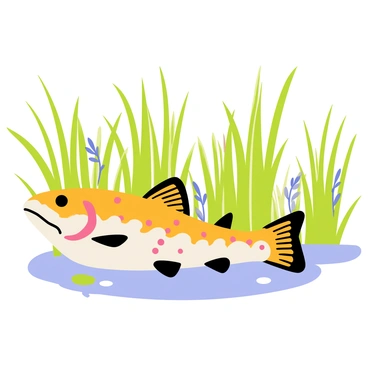 A brook trout with vibrant orange and black spots is partially hidden among tall green reeds and varied aquatic plants in a clear pond. The water is calm, reflecting the surrounding greenery. Sunlight filters through the surface, illuminating the trout's scales as it remains still among the plants, creating a natural camouflage. The scene includes small ripples around the trout, indicating its presence in the tranquil environment.