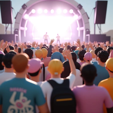 A large crowd of people is gathered at an outdoor concert venue. They are standing close together, with a diverse mix of ages and backgrounds. Everyone is facing the stage, where bright lights are illuminating the performers. Many individuals have their hands raised high in excitement, expressing their enthusiasm for the music. Some crowd members are wearing colorful clothing, including band t-shirts and hats. In the background, the stage features large speakers and a vibrant light display, enhancing the energetic atmosphere of the event.