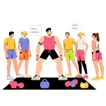 A CrossFit coach is in the forefront, demonstrating a proper squat technique. The coach has an athletic build and is wearing a bright red tank top and black shorts. Around the coach, five attentive beginners are watching closely, each dressed in colorful workout attire. The beginners include two males and three females; one female has long brown hair tied in a ponytail, while another has short blonde hair. The group is positioned on a black gym mat, with various exercise equipment like kettlebells and dumbbells scattered around them. A motivational quote, "Push Your Limits," is displayed on a nearby wall.