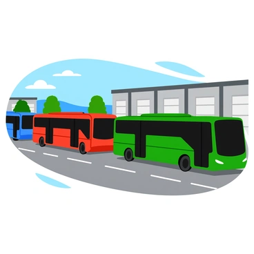 A line of new buses in vibrant colors, including bright red, blue, and green, parked neatly in a large transport depot. The buses have sleek designs with large windows and are positioned in straight rows on a smooth asphalt surface. Behind the buses, there are tall metal storage facilities and clear skies overhead. Some buses have their doors slightly open, adding a sense of readiness for passengers. A few trees with green foliage can be seen in the background, complementing the scene.