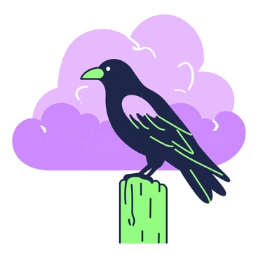 A crow is perched on a wooden fence post. The crow is facing to the right, its feathers are sleek and glossy. The fence post is weathered and has some rough texture, standing firmly on the ground. In the background, there is a dark and cloudy sky, with large, ominous clouds casting shadows and creating an atmosphere of impending rain. The overall scene captures the solitary presence of the crow against the somber sky.