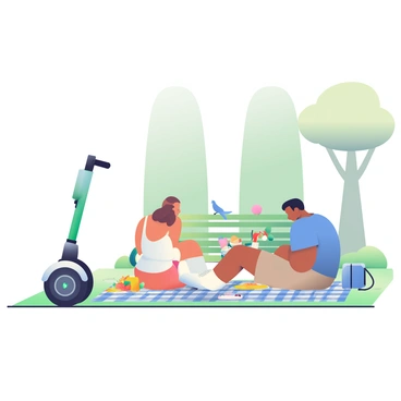 A segway with a sleek design is parked next to a park bench. It is plugged into a charging station, with a visible charging indicator glowing. In the foreground, a couple is seated on a checkered picnic blanket spread out on the grass, enjoying a picnic. The woman has long brown hair tied back and is wearing a white sundress, while the man has short black hair and is dressed in a blue t-shirt and khaki shorts. They are sharing a basket filled with sandwiches, fruit, and drinks. Nearby, a small cooler is closed, and a few colorful plates and utensils are scattered on the blanket. In the background, tall trees provide shade, and there are a few birds perched on the bench.