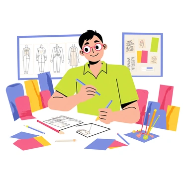 A man named Daniel Roseberry is seated at a drafting table, intently sketching a fashion design. He has short, dark hair and is wearing round glasses. Surrounding him are a variety of colorful fabric swatches in vibrant hues of red, blue, yellow, and green. The table is cluttered with pencils, markers, and a notepad filled with design ideas. There are rolls of fabric in the background, and a mood board with fashion inspiration is pinned on the wall. The overall atmosphere conveys creativity and artistic passion.