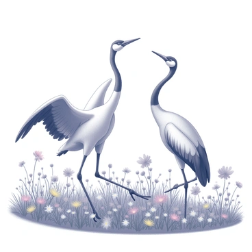 Two cranes are engaged in playful interactions in a blooming meadow. The scene is filled with a variety of wildflowers, showcasing an abundance of shapes and sizes, creating a lush and vibrant landscape. The cranes, with their long necks and elegant bodies, are poised in mid-motion, one crane flapping its wings while the other stands tall, appearing to be in a playful stance. The background features a clear sky, enhancing the fresh, springtime atmosphere of the setting.