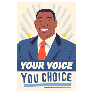 A vintage-style campaign poster features a large portrait of a candidate with short black hair and light brown skin. The candidate is smiling confidently and is wearing a classic navy blue suit with a white shirt and a red tie. Surrounding the portrait are decorative elements like stars and stripes in muted colors. At the bottom of the poster, in bold, retro typography, the slogan reads, "Your Voice, Your Choice." The background has a faded texture that adds to the vintage feel.