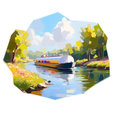 A tank barge is navigating a sharp bend in a lush, green river. The barge is large and rectangular, loaded with cargo containers stacked securely on its deck. Bright green foliage lines the riverbanks, with tall trees casting reflections on the water's surface. The river itself flows swiftly, creating gentle ripples around the barge as it maneuvers through the curve. In the background, patches of wildflowers add bursts of color along the riverbank, complementing the vibrant greenery. The sky above is clear with a few fluffy clouds drifting by, enhancing the serene atmosphere of the scene.