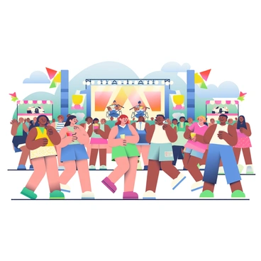 A diverse crowd of people is gathered at an outdoor music festival. In the foreground, a group of individuals of varying ethnicities and ages are dancing and smiling, with some holding colorful drinks. There are people wearing casual summer clothes, including tank tops, shorts, and sundresses. In the background, a large stage is visible with bright lights and musicians performing with instruments. Colorful banners and flags are fluttering in the breeze, adding to the festive atmosphere. A few food stalls can be seen, with people lining up to purchase snacks. The sky above is clear with a hint of blue and a few fluffy clouds.