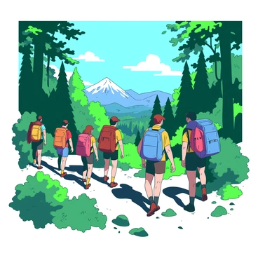 Hikers trekking through wilderness towards a scenic viewpoint finish line