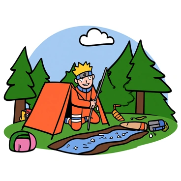 Naruto, a young ninja with spiky blond hair and wearing an orange jumpsuit, is kneeling on the ground, focused on setting up a tent. The scene is filled with lush green trees and a clear blue sky, indicating a beautiful day for camping. Nearby, there is a small stream with sparkling water. Naruto has a big smile on his face as he holds a tent pole in one hand and a colorful tent spread out beside him. A few camping supplies, like a backpack and a rolled-up sleeping bag, are scattered around him, adding to the camping atmosphere.