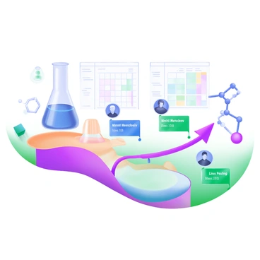 A modern pastel illustration depicting a timeline that highlights significant discoveries in chemistry. The timeline features a series of labeled points, each showcasing an iconic figure in chemistry such as "Marie Curie," "Dmitri Mendeleev," and "Linus Pauling." Each figure is represented with a small portrait and their respective discovery noted beside them. Arrows connect the points along the timeline, which is adorned with elements like a flask, a molecule structure, and a periodic table in the background. The overall design is structured, clear, and visually engaging.